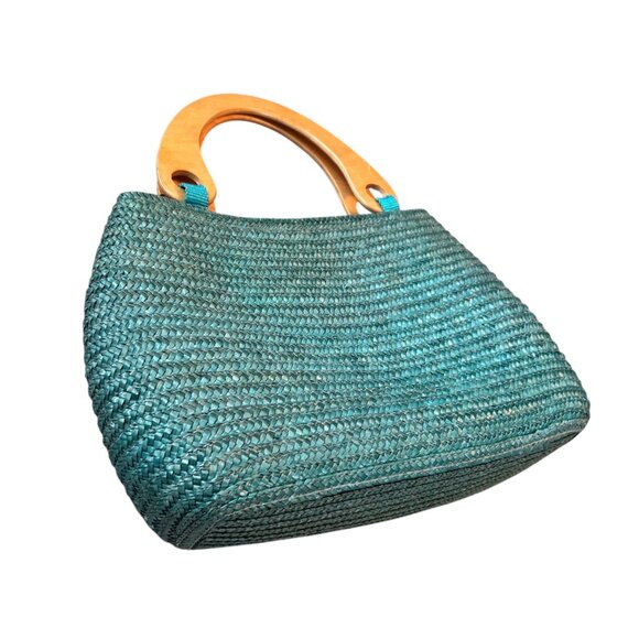 Vintage Jennifer Moore Turquoise Rattan Bamboo Shoots Wooden Handled Purse - Picture 3 of 7